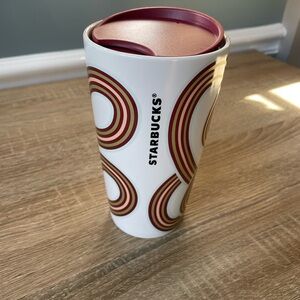Starbucks 2024 White, Gold, Maroon Ribbon, and Pink Mug with Maroon Lid